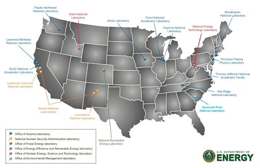 A map of U.S. Department of Energy national laboratories